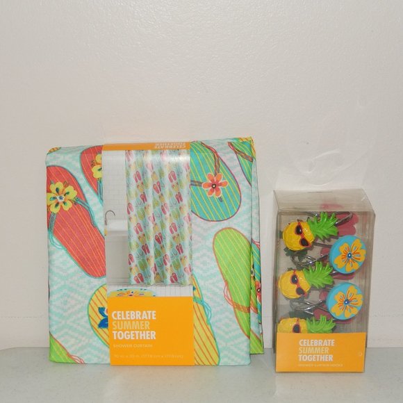 NEW Shower Curtain with Hooks Celebrate Summer Together Flip Flop Bright NWT - Picture 1 of 3